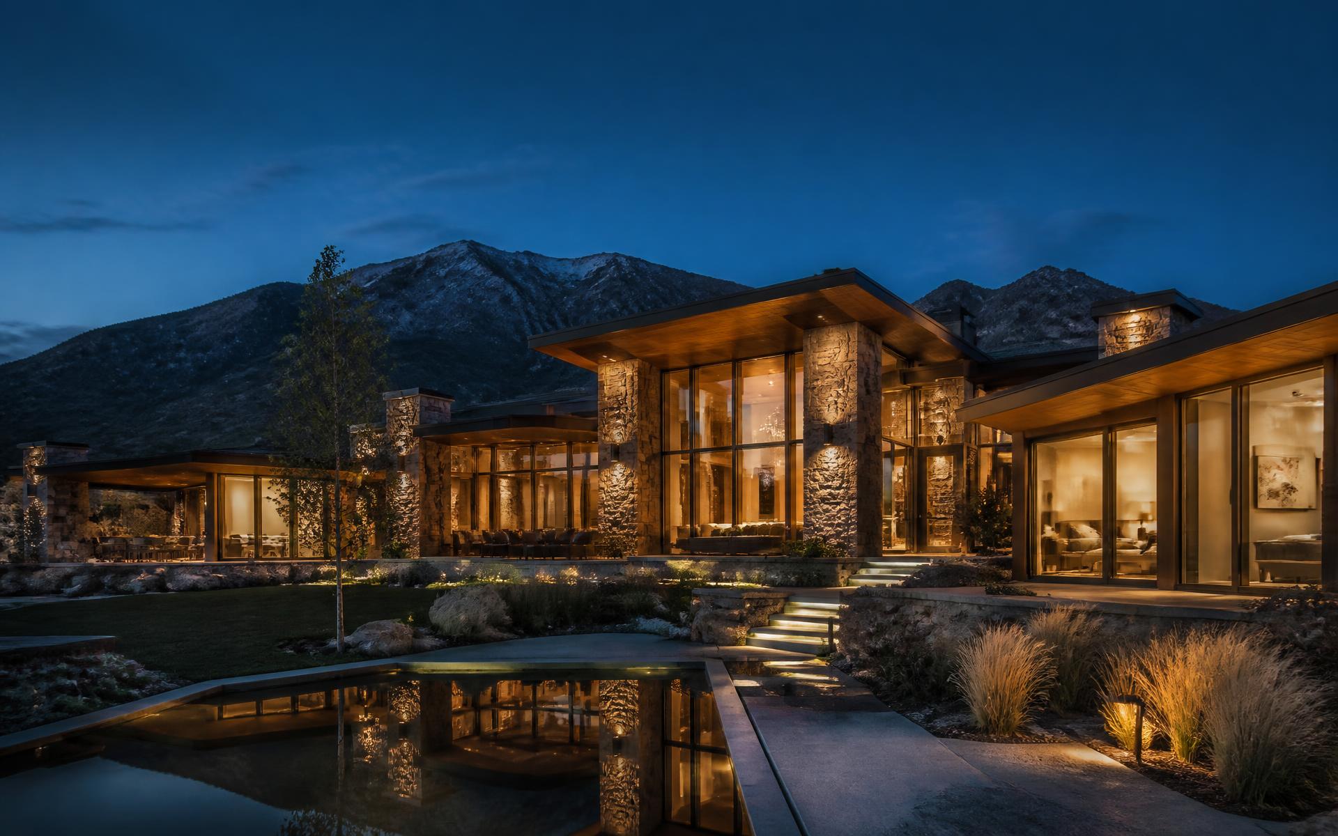 Luxury mountain-modern estate at dusk in Farmington, Utah